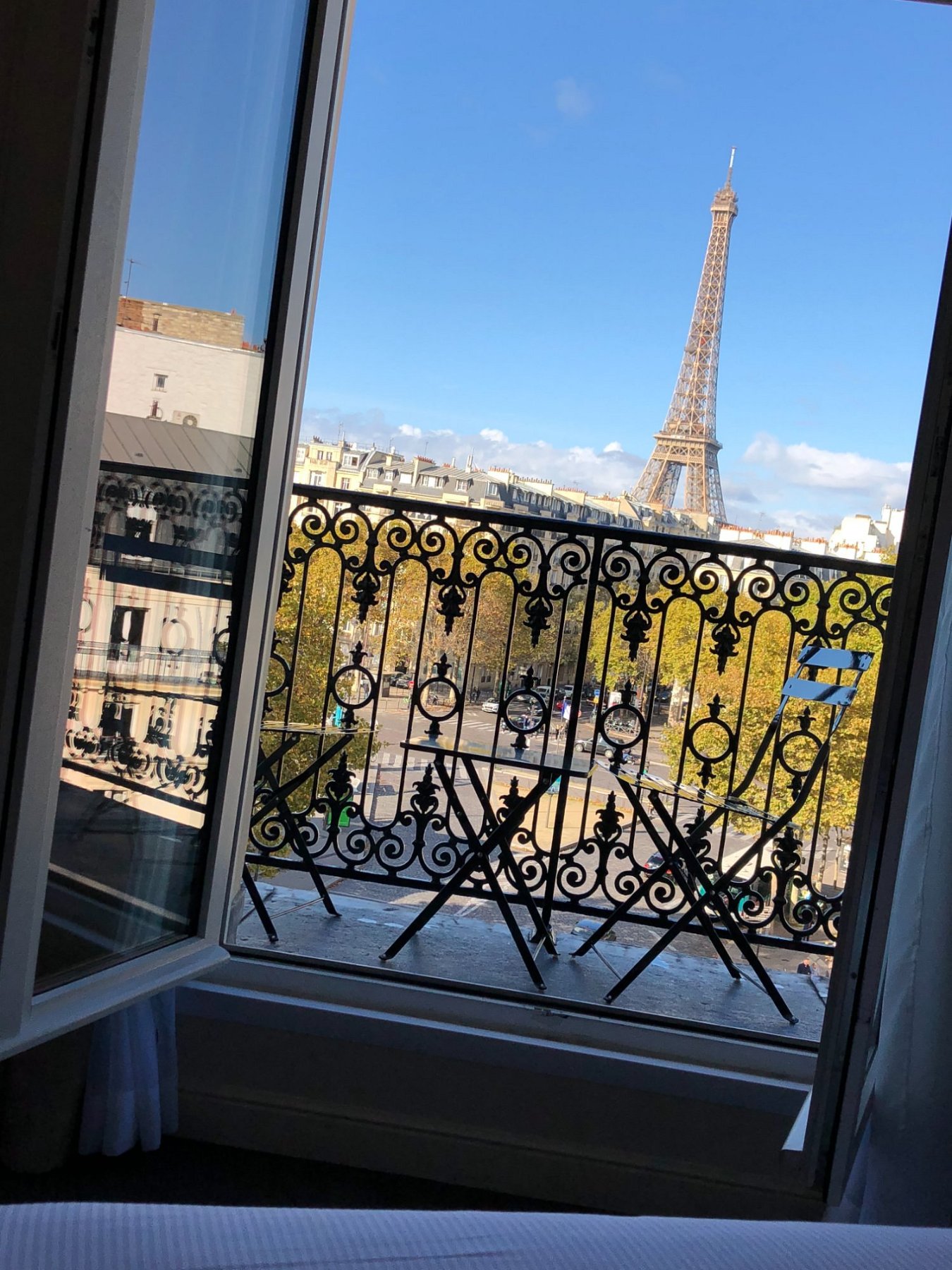 The Eiffel Tower from the balcony of Room 506 at Hotel La Comtesse in Paris